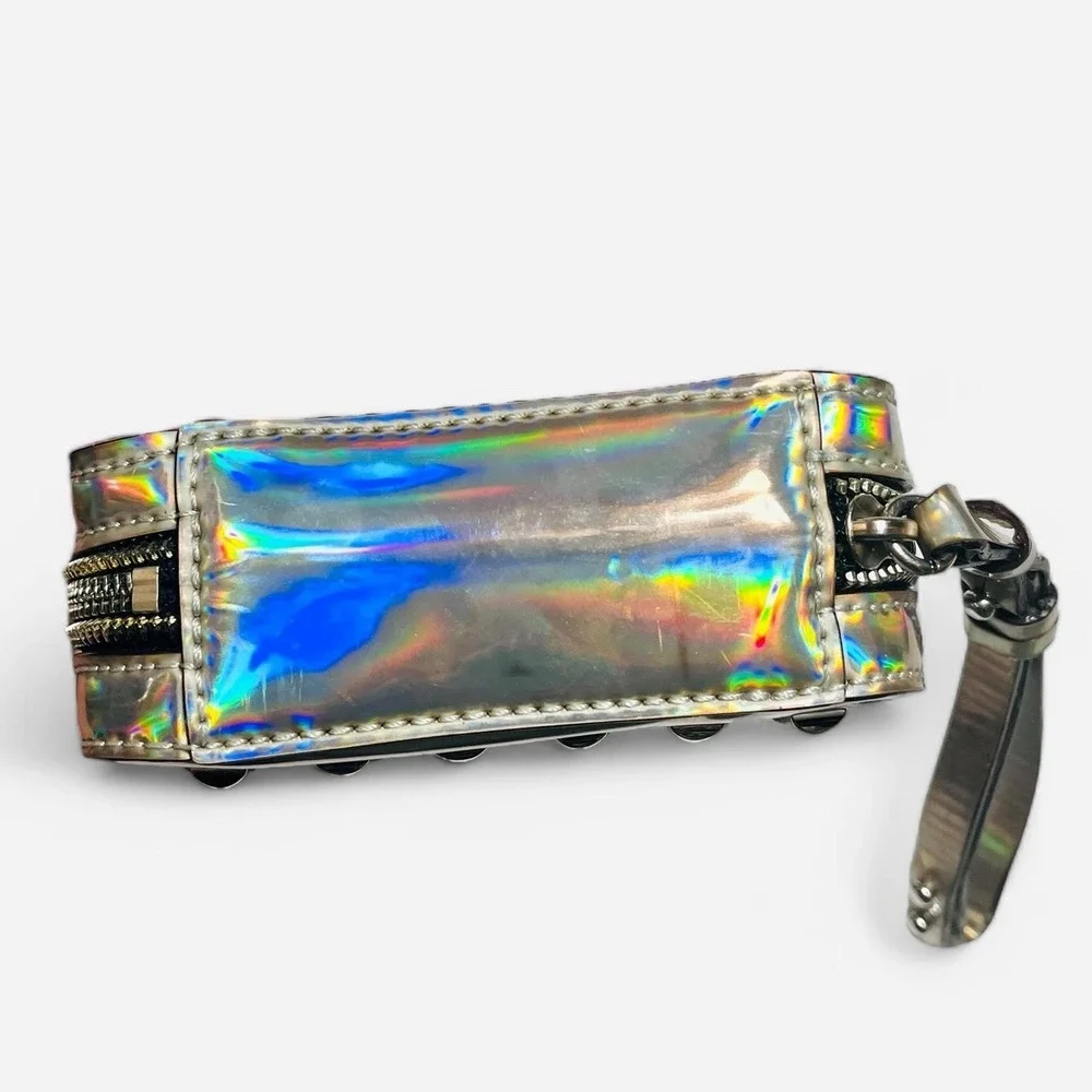 Rebecca Minkoff Iridescent Metallic Foil Square Wristlet Bag Clutch Silver Studs